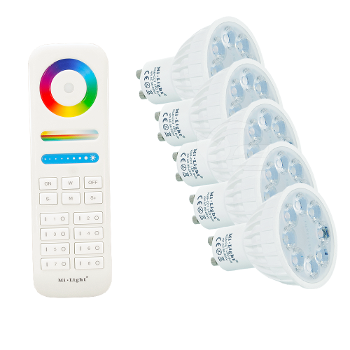 Żarówki LED RGB+CCT 4W GU10 230V + pilot FUT089 - 8 strefowy - (zestaw)
