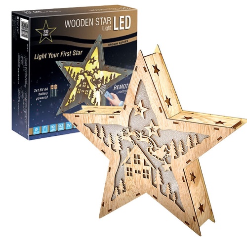 Drewniana podświetlana gwiazda LED 3D 30cm z pilotem