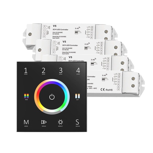 Sterownik LED Skydance - RGB+CCT - 4 strefowy - Panel naścienny 230V + odbiorniki - czarny zestaw