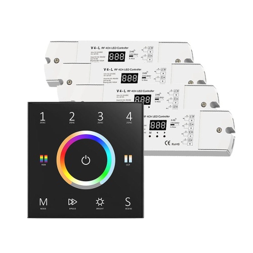 Sterownik LED Skydance - RGB/RGB+W - 4 strefowy - Panel naścienny 230V + odbiorniki - czarny zestaw