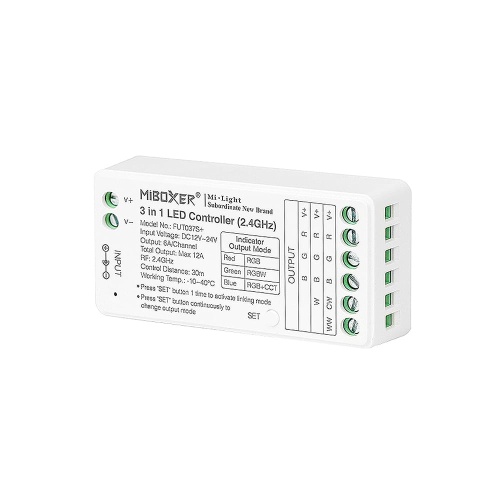 Odbiornik LED 3w1 - RGB / RGB+W / RGB+CCT - 12-24V 12A - Mini - FUT037S+
