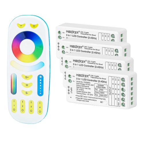 Sterownik LED - RGB+W - 4 strefowy - Pilot + odbiorniki - zestaw z czterema odbiornikami