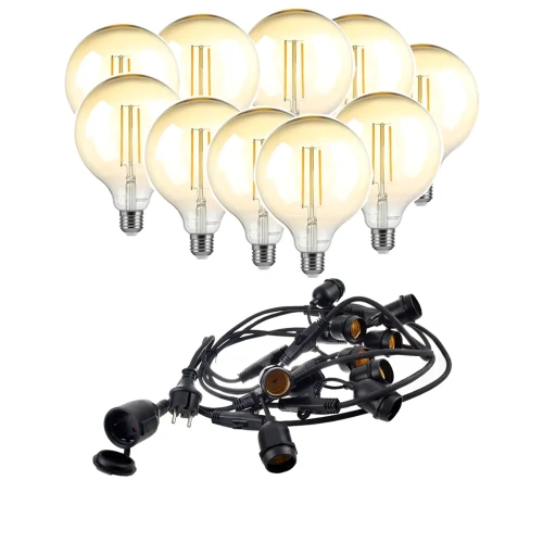Girlanda ogrodowa 10mb z 10 żarówkami LED - E27 G125 8W 2200K - ściemnialna - zestaw