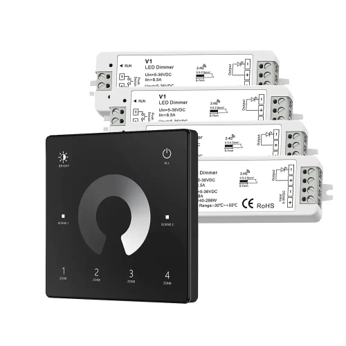 Ściemniacz LED Skydance - Mono - 4 strefowy - Panel naścienny 3V + odbiorniki - czarny zestaw