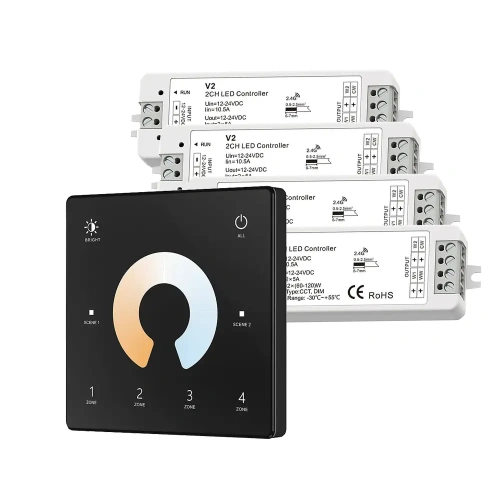 Ściemniacz LED Skydance - CCT - 4 strefowy - Panel naścienny 3V + odbiorniki - czarny zestaw