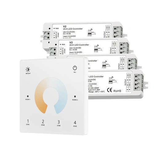 Ściemniacz LED Skydance - CCT - 4 strefowy - Panel naścienny 3V + odbiorniki - biały zestaw