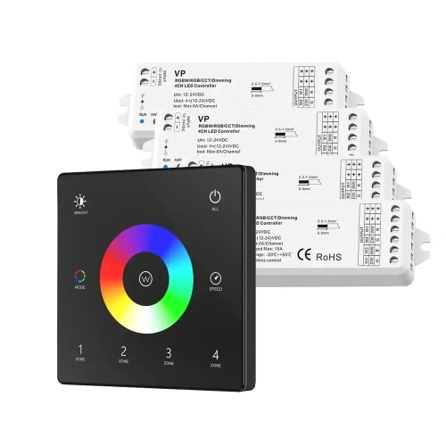 Sterownik LED Skydance - RGB / RGB+W - 4 strefowy - Panel naścienny 3V + odbiorniki - czarny zestaw
