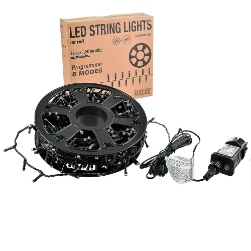 Lampki choinkowe LED z programatorem - 500 LED 30mb IP44 zielony przewód - BIAŁE ZIMNE