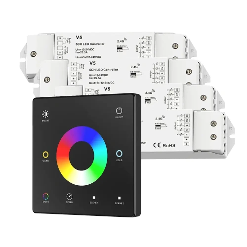 Sterownik LED Skydance - RGB+CCT - 4 strefowy - Panel naścienny 3V + odbiorniki - czarny zestaw