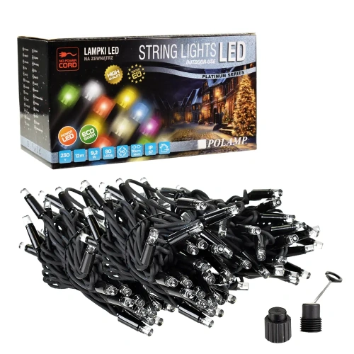 Lampki choinkowe LED - 80 LED 12mb IP67 czarny przewód - BIAŁE ZIMNE