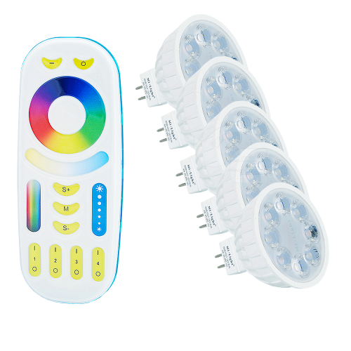 Żarówki LED RGB+CCT MR16 12V DC 4W + pilot FUT092 - 4 strefowy - (zestaw)