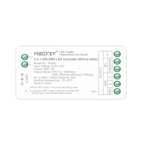 Sterownik LED SPI 5w1 (WiFI+DMX) - Mono /CCT /RGB+CCT - 10A 5-24V DC - do taśm cyfrowych LED - SPIW5