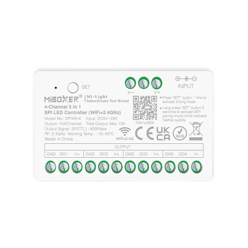 Sterownik LED SPI 5w1 (WiFi) - 4 kanałowy - Mono /CCT /RGB+CCT - 10A 5-24V DC - do taśm cyfrowych LED - SPIW5-4