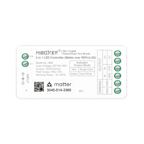 Sterownik LED 2w1 (Matter) - Mono /CCT - 12-24V DC 12A - Wifi - SM2