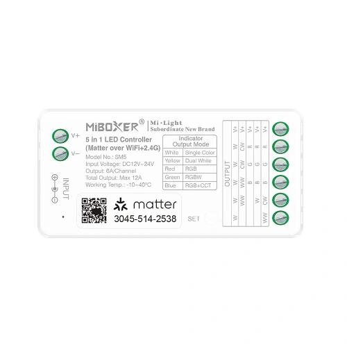 Sterownik LED 5w1 (Matter) - Mono /CCT /RGB /RGB+CCT - 12-24V DC 12A - Wifi - SM5