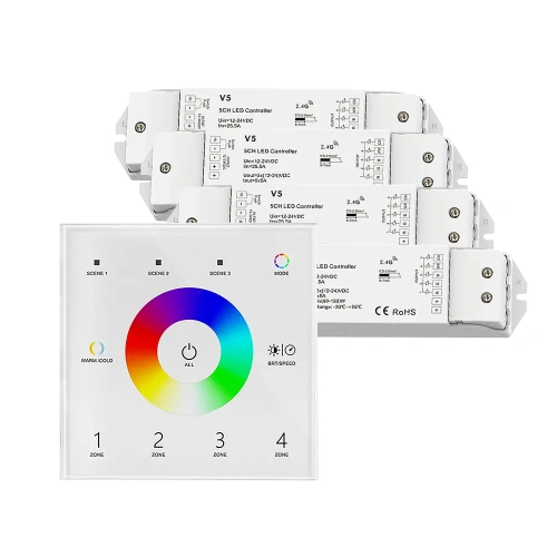 Sterownik LED Skydance - RGB+CCT - 4 strefowy - Panel naścienny 230V + odbiorniki - biały zestaw z czterema odbiornikami