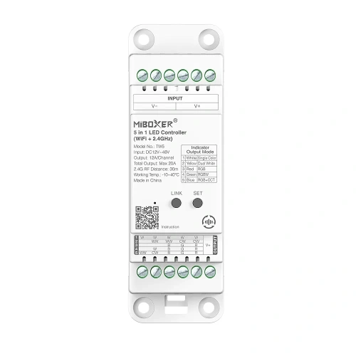 Odbiornik LED 5w1 (WiFi) - MONO / CCT / RGB / RGB+W / RGB+CCT - 12-48V 20A - TH-35 - Tuya - TW5