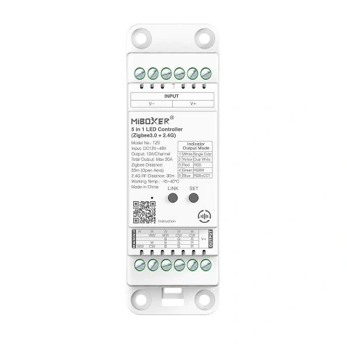 Odbiornik LED 5w1 - MONO / CCT / RGB / RGB+W / RGB+CCT - 12-48V 20A - Zigbee 3.0 + 2,4Ghz - TH-35 - TZ5
