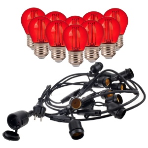 Girlanda ogrodowa 15mb z 15 żarówkami LED -  E27 G45 2W czerwona - zestaw    