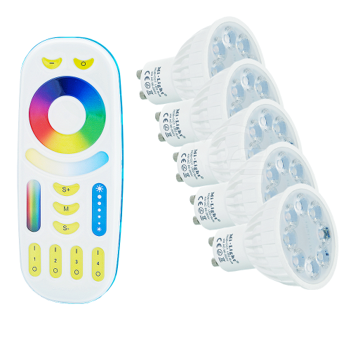 Żarówki LED RGB+CCT 4W GU10 230V + pilot FUT092 - 4 strefowy - (zestaw)