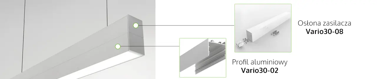 Wizualizacja lampy wiszącej LED - Profil aluminiowy Vario30-02 + Osłona do zasilacza Vatio30-08