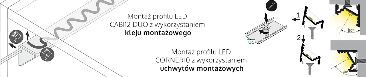 Montaz profili narożnych CABI12 DUO/CORNER10 z wykorzystaniem uchwytów montażowych oraz kleju montażowego Montaz profili narożnych CABI12 DUO/CORNER10 z wykorzystaniem uchwytów montażowych oraz kleju montażowego