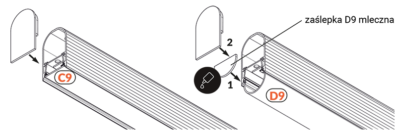 montaż zaślepki w profilu aluminiowym LED NAMI23