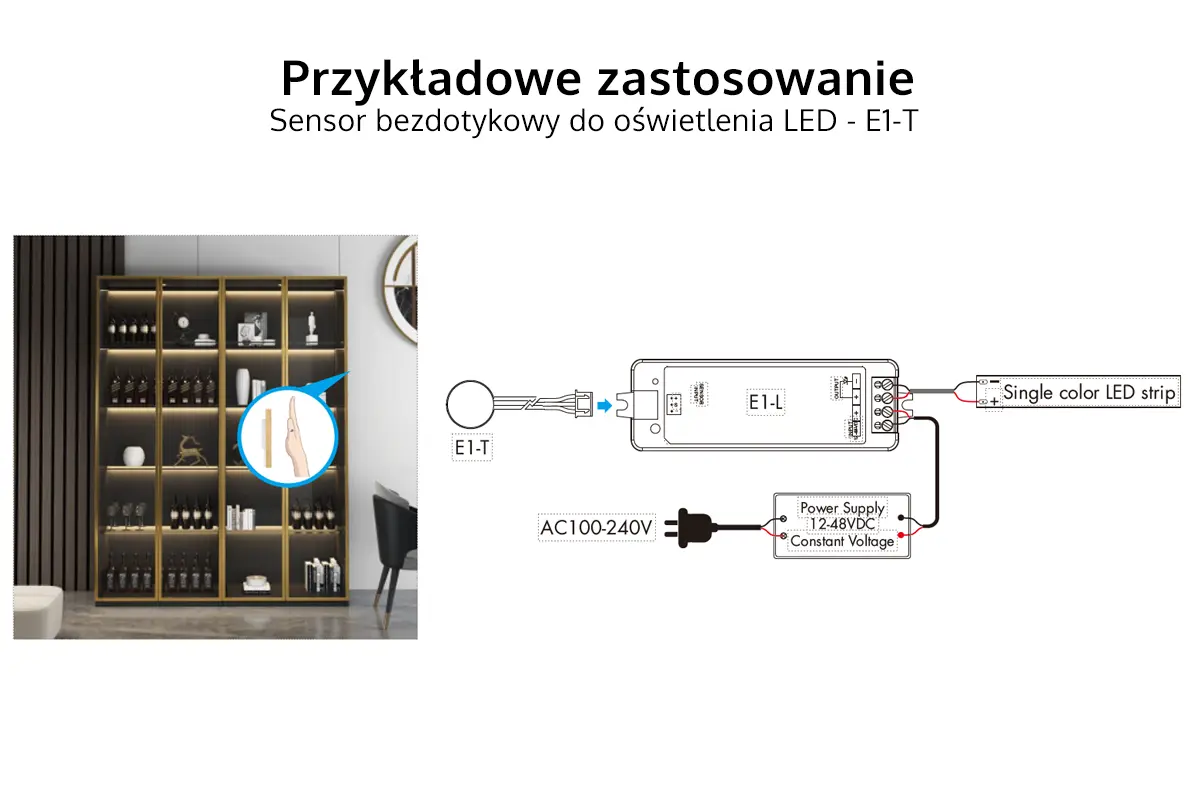 Przykład zastosowania - Sensor bezdotykowy do oświetlenia LED E1-W Przykład zastosowania - Sensor bezdotykowy do oświetlenia LED E1-W