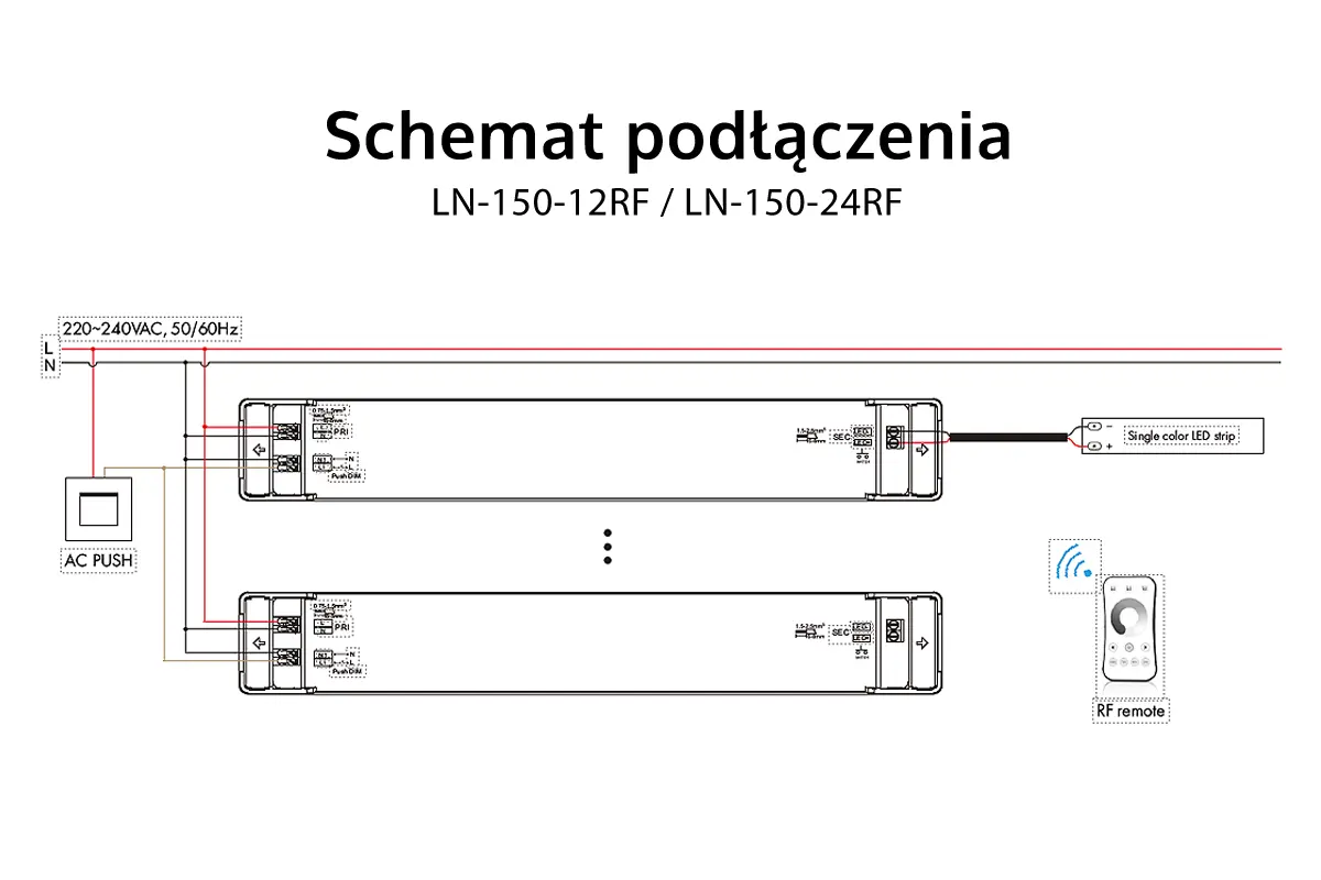 Schemat podłączenia - Ściemniacz z zasilaczem napięciowym LED - 12V 150W - 230V - LN-150-12-RF Schemat podłączenia - Ściemniacz z zasilaczem napięciowym LED - 12V 150W - 230V - LN-150-12-RF
