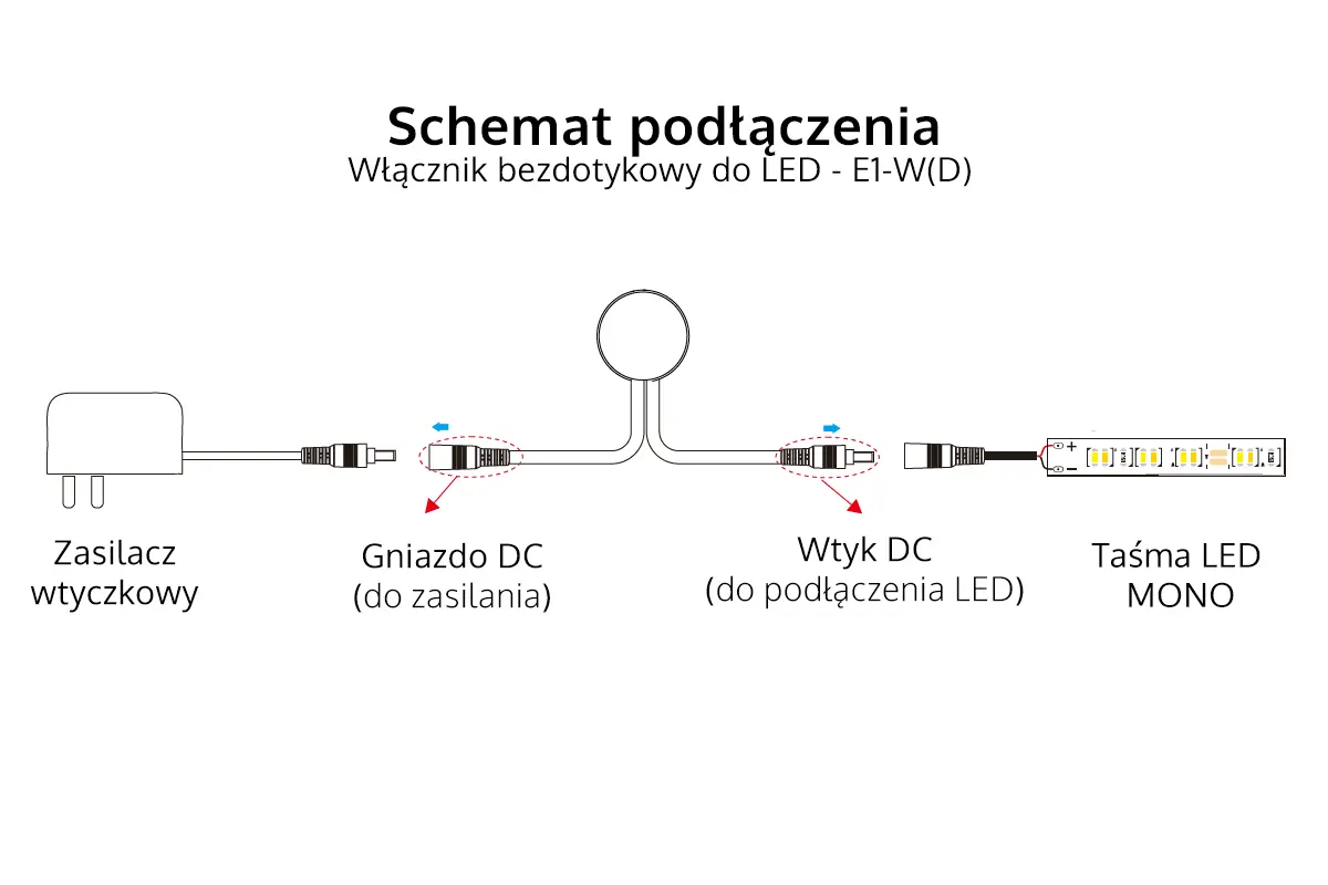 Schemat podłaczenia - włącznik bezdotykowy LED ze ściemniaczem E1-W(D) Skydance