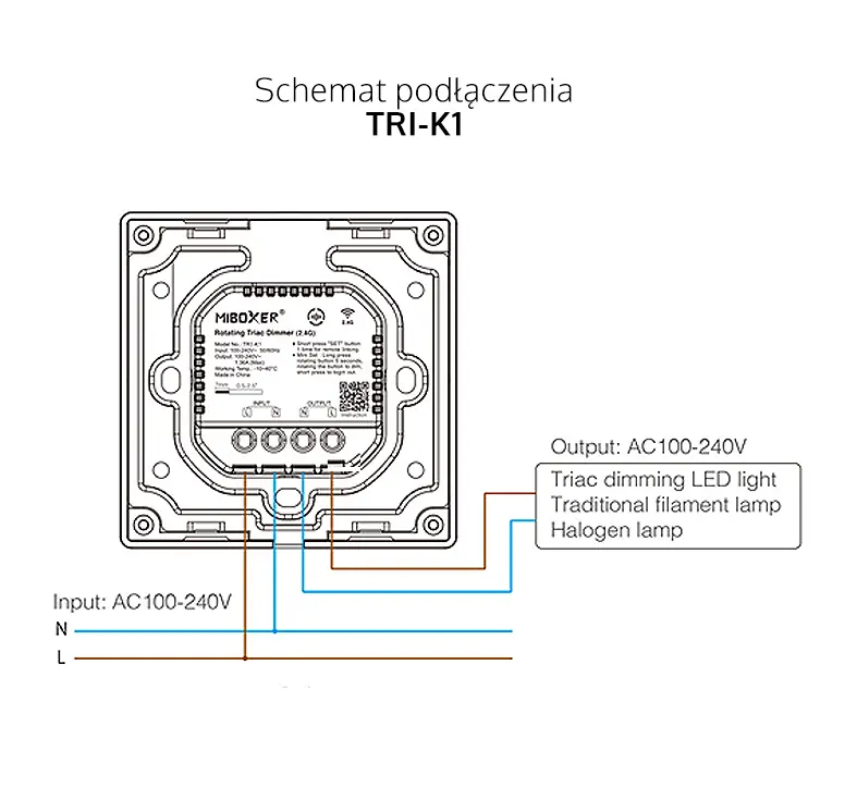 Ściemniacz do żarówek 230VAC (2,4Ghz) - 1 strefowy - 300W - TRI-K1 - Schemat podłączenia