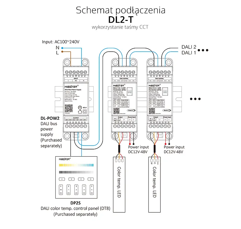 Sterownik LED 3w1 - MONO /CCT - 12-24V DC 20A - DALI-2 - Typ DT8 - TH-35 - DL2-T - Schemat podłączenia
